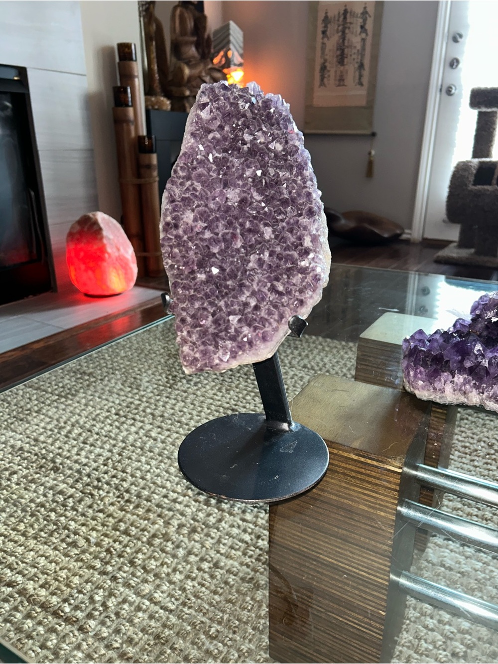 Large Purple Amethyst Geode Display on Metal Stand